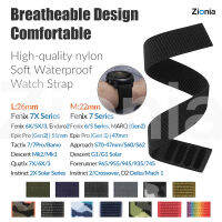 Zionia 26มม. 22มม. ไนลอนกันน้ำสายนาฬิกาสำหรับ Garmin Fenix 7X 7 6X 6 Pro 51mm Sapphire Solar 5X 5 Plus 3 HR Quatix Enduro Forerunner 935 945 Approach S70 47mm S60 S62 D2 Tactix Bravo Delta PX Descent G1 Mk1 Mk2 Mk2i MARQ Instinct epix Gen 2 เครื่องประดับ