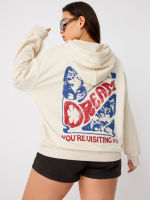 Cider Cat &amp; Letter Graphic Drawstring Hoodie Curve &amp; Plus