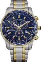 Citizen Mens Eco-Drive Sport Luxury Chronograph Watch in Two-tone Stainless Steel, blue dial (Model: BL5517-55L)