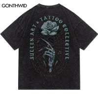 【HOT】Punk Distressed T Shirt Hip Hop Rose Skull Hand Print Gothic Rock T-Shirt 2022 Men Harajuku Vintage Casual Short Sleeve Tshirt100%cotton