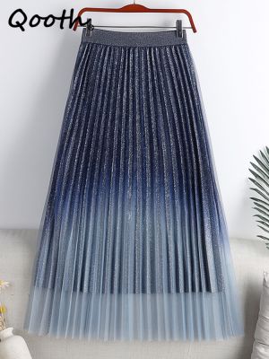 【CC】▤∈✓  Qooth Gradient Color Mesh Skirt Waist A-line Length Pleated QT1785