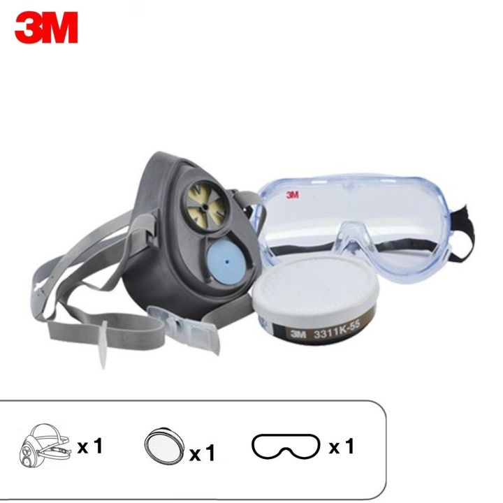 3M หน้ากาก กรองเดี่ยว 3100-55 3200-55 พร้อมตลับกรอง 3311K-55 และ แว่นกันสารเคมี 334 Chemical Splash Goggle 3M Set Mask