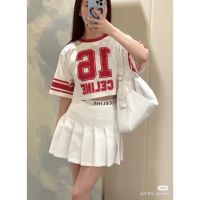 CELIM-E summer new fashion ribbon elastic waist logo letter college style aging all-match pleated skirt 9UU0