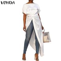 (จัดส่งฟรี)Vonda ผู้หญิงสูงต่ำข้ามเหมยาว Maxi แขนสั้นเสื้อเชิ้ตเสื้อ