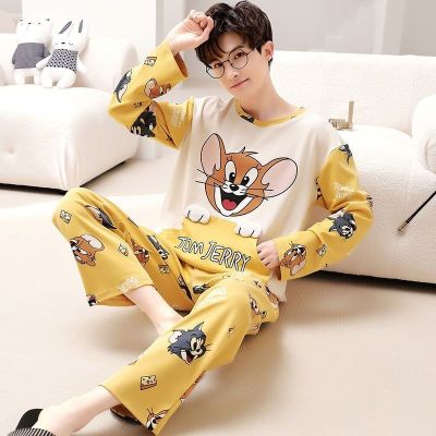MUJI High quality cartoon pajamas mens pure cotton long-sleeved trousers split suit loose plus size 200 kg spring and autumn winter thin section