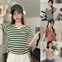 ? เสื้อแขนสั้น ไหมพรม เว้าวีตรงคอ มี4สี สินค้าพร้อมส่ง ( M0127-1 ) -C