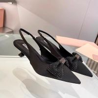 2023 MIUMIUˉNew Bowknot Pointed Low Heel Single Shoes Womens Thin Heel Cat Heel Hollow out Fashion Sandals