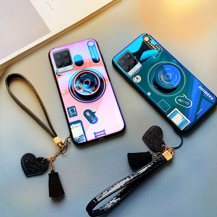 gloden-tree-for-realme-8-5g-case-camera-pattern-stand-beautiful-tassel-hand-strap-protective-back-cover-couple-cases