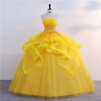 【HOT】♀♝ New Gold Quinceanera Dresses Classic Strapless Gown Real Photo Prom Formal Luxury Vestidos