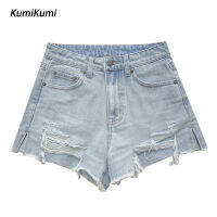 KUMI ฉบับภาษาเกาหลีผู้หญิงย้อนยุคฤดูร้อน Celana Pendek Denim ระบายอากาศลำลอง