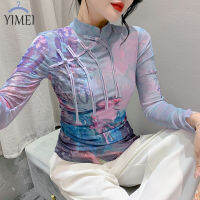 YIMEI เสื้อเบลาส์ผ้าโปร่งแขนยาวสำหรับผู้หญิง,เสื้อเบลาส์ผ้าโปร่งแขนยาวคอตั้งเสื้อยืดพิมพ์ลายหรูหราออกแบบให้สัมผัสถึงดิสโก้ชั้นสูงสุดชิคแบบจีน