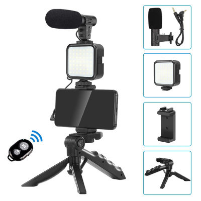 Smartphone Video Kit Microphone Bracket Photography Lighting Phone Holder LED Selfie Tripod Recording Handle Portable Stabilizer