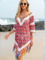 FN946N Knitted Beachwear for Women Summer Beach Dress with Tassel V-neck String Swimsuit Cover-ups Crochet Blue Fringe Tunic D