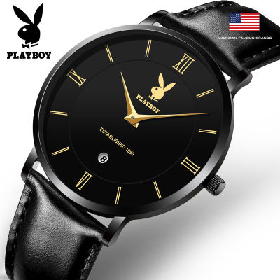 PLAYBOY กันน้ำนาฬิกาสำหรับผู้ชาย Casual ควอตซ์บางนาฬิกาหนังแท้ปฏิทินนำเข้าต้นฉบับอเมริกันยี่ห้อ