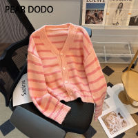 PEAR DODO เสื้อสเวตเตอร์คอวีลายทางสำหรับผู้หญิงแขนยาวถักเกาหลี