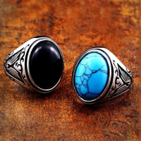 Turquoise &amp; Black Onyx Vintage Silver Stainless Steel Men Fashion Punk Jewellery Ring