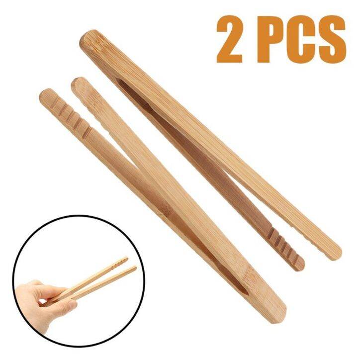 2* Bamboo Wood Wooden Food Toast Salad Tongs Toaster Bacon Sugar Ice