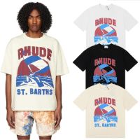 Stock High Street RHUDE Windsurf Sail Surf Print Double Yarn Pure Cotton Casual Short Sleeve T-shirt for Men and Women