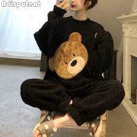 Autumn Winter New Warm Flannel Womens Pajamas Set Long-Sleeved Trousers Two-Piece Set Cute Soft Home Wear Clothes For Women