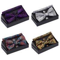 GUSLESON Mens Pre-tied Bow Tie Set Paisley Floral Bow tie Pocket square Cufflinks With Gift Box For Man Gold Red For Wedding Nails Screws Fasteners