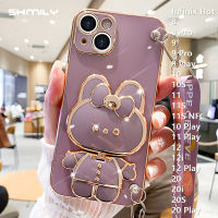 เคสโทรศัพท์ชุบโลหะด้วยไฟฟ้าสุดน่ารักสำหรับ Infinix Hot 8 8 Pro 9 Play 10 10S 11S 11S 11S NFC 10 Play 11 Play 12 12i 12 Play 20 20i 20S 20 Play เคสโทรศัพท์ซิลิโคนเนื้อนิ่มตัวยึดกระจกแต่งหน้ารูปกระต่ายผีเสื้อ + เชือกยาว