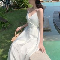 COD DSFGRDGHHHHH French Retro White Sexy Super Fairy Sling Dress Seaside Holiday Style Halter Beach Long Skirt Female Summer