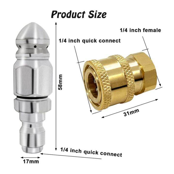 2pc-5000psi-sewer-jet-nozzle-with-pressure-washer-coupler-brass-fittings-quick-connector-1-4-inch-connect-to-female-npt