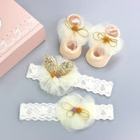 Infant Newborn Baby Girls 3PcsSet Slipper Socks Headband Gift Box Foot Socks Lace Crown Hair Band Accessories Photo Props