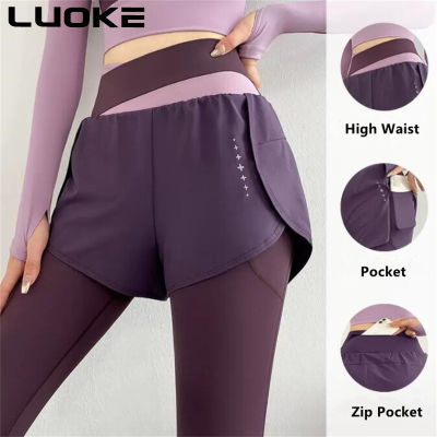 Luoke กางเกงโยคะผู้หญิงเอวสูงสะโพกยกแน่นยืดหยุ่นกางเกงออกกำลังกายวิ่งการฝึกอบรมหลอกสองชิ้นกางเกงกีฬา