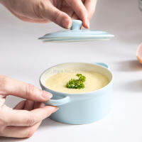 Steamed Egg Cup, Egg Custard, Cute Ceramic Binaural Bowl, Soup Bowl with Lid, Childrens Baby Food Supplement Blue Pink