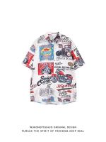 American street hip-hop printed short-sleeved shirt men and women trendy brand retro loose couple casual shirt 【BYUE】