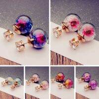 hang qiao shop   Europe And America Retro Style Round Flowers Spherical Wild Personalized Dried Hot Pieces Glass Ball Earrings Double-sided Female