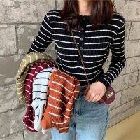 ♧✓ 2020 Autumn harajuku vintage shirts Women T-shirts Elegant Stripes Knitted Tees Buttoned Long Sleeve fashion womens clothing