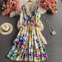 High-end Retro Style 2021 New Ladies Fashion V-neck Dress Woman Elegant Totem Print Long-sleeved Slim Umbrella Long Dress