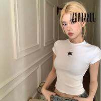 COD dsdgfhgfsdsss JUNNOVGAL Women 2023 New Fashion Retro Star Print White Front Shoulder Short Sleeve T-shirt