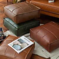 【CW】◇  Leather Pouf Floor Cushion Wax Embroider Ottoman Footstool Futon Artificial Unstuffed