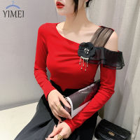 YIMEI เสื้อยืดเปิดไหล่แขนยาวปาร์ตี้สีแดง2023ใหม่เสื้อคอตตอนเซ็กซี่สำหรับผู้หญิงสวยสำหรับฤดูใบไม้ร่วงใหม่