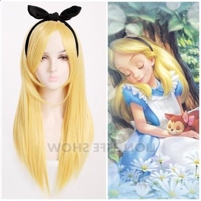 【Ready Stock😎】 Alice in Wonderland Yellow Golden Cosplay Wig Straight Long Synthetic Hair Costume Party Halloween Wigs Free cap