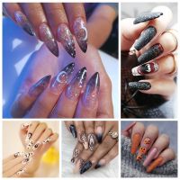 With glue24Pcs Fake Nail Press On Nails Jelly Color Matte False Nails Wearable Long Halloween Nail Patch Nail Art