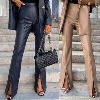 【cw】 Side Split Flared Leather Pants Fashion Patchwork Trousers 2022 Female With Pockets