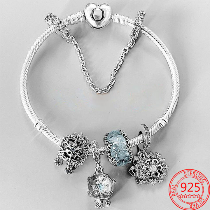 ฤดูหนาว-series-s925-silver-snowflake-charm-blue-murano-ลูกปัดแก้ว-snow-globe-angel-จี้-fit-สร้อยข้อมือคริสต์มาส-gifts