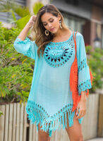 Happie QUEENS ผู้หญิงครึ่งแขนชายหาดหลวม Hollow OUT Bohemian Mini Dress สุภาพสตรี O-Neck Boho ชุด COVER-UPS