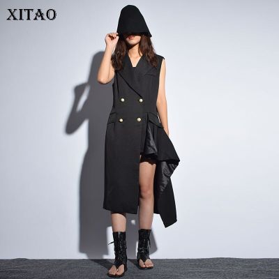 XITAO Jacket Sleeveless Women Irregular Split Double Breasted Long Coat