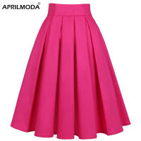 Women Fashion Casual Solid Color Pink Vintage High Waist Pleated Skirt Retro Rockabilly Ladies Midi Skirts Girl School Skater