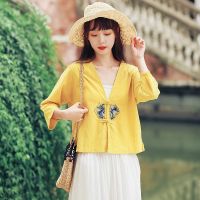 【CW】 2022 Literary Disc Embroidered Three quarter Sleeve Top Cardigan Cotton Women  39;s Short Hanfu Coat