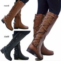 COD dsdgfhgfsdsss Womens Riding Boots Equestrian Shoes Western Style Large Size Rear Straps Laces Long Boots Outdoor Hiking Knight Knee High Boots Fashion for Spring