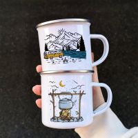 Caravan Printed Camper Mugs Camping Enamel Mug Adventure Campfire Party Beer Juice Cup Mountain Handle Cups Gifts for Camper