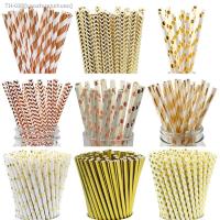 ►☽ 25pcs Rose Gold Paper Straws Strip Dot Drinking Straw Disposable Tableware Party Supplies Wedding Birthday Party Decoration Kids