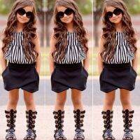 [COD] European and style girls childrens suits striped flying shoulder sleeve top pure black two-piece suit stock