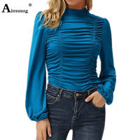 Long Sleeve Women Elegant Fashion T-shirt Plus Size Female Shirring Womens Top Clothing 2021 Autumn Skinny Tee Turtleneck Shirt